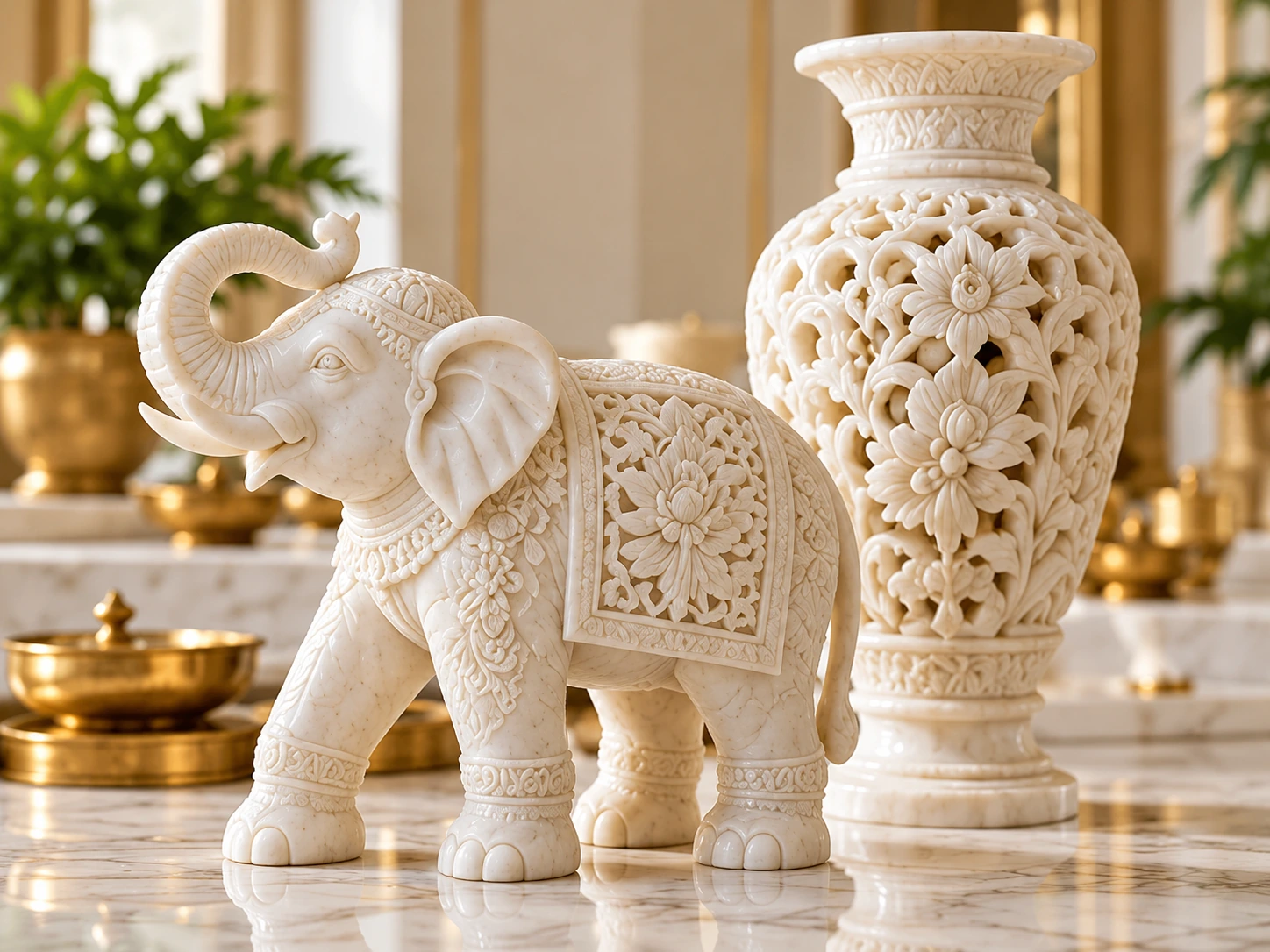 Illustrative carved marble elephant and vase